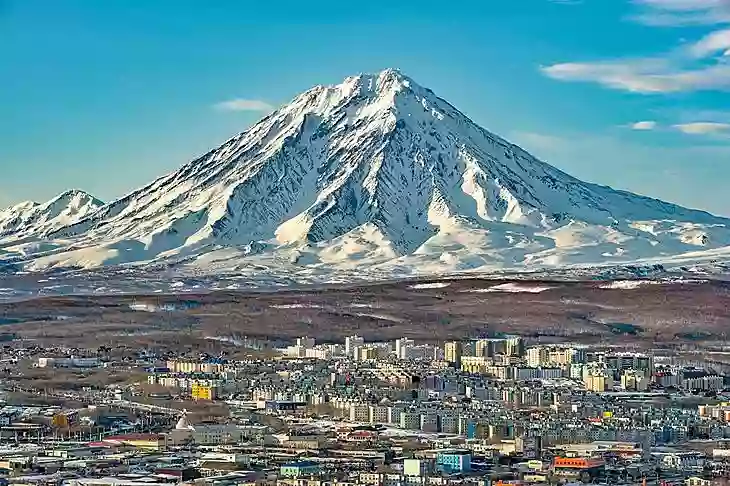 Snow-covered volcano in Petropavlovsk-Kamchatsky