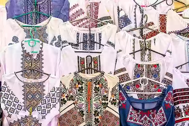 Traditionally embroidered blouses at an outdoor market in Lviv